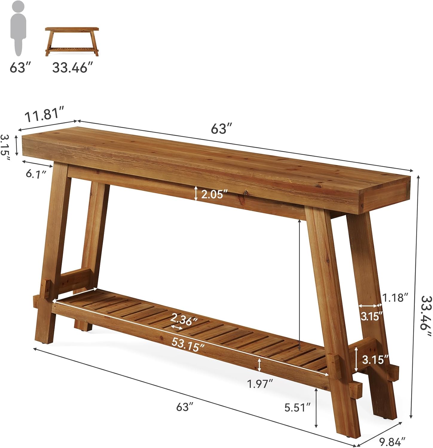 little tree 63" solid wood console table for entryway, farmhouse 2-tier narrow farmhouse entryway table with thickened tabletop and legs for hallway, entrance, living room, behind the couch, brown