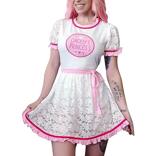 Littleforbig Adult Baby Diaper Lover ABDL Button Crotch Romper Onesie - Daddy's Princess Lacy Dress - New Lace - Small