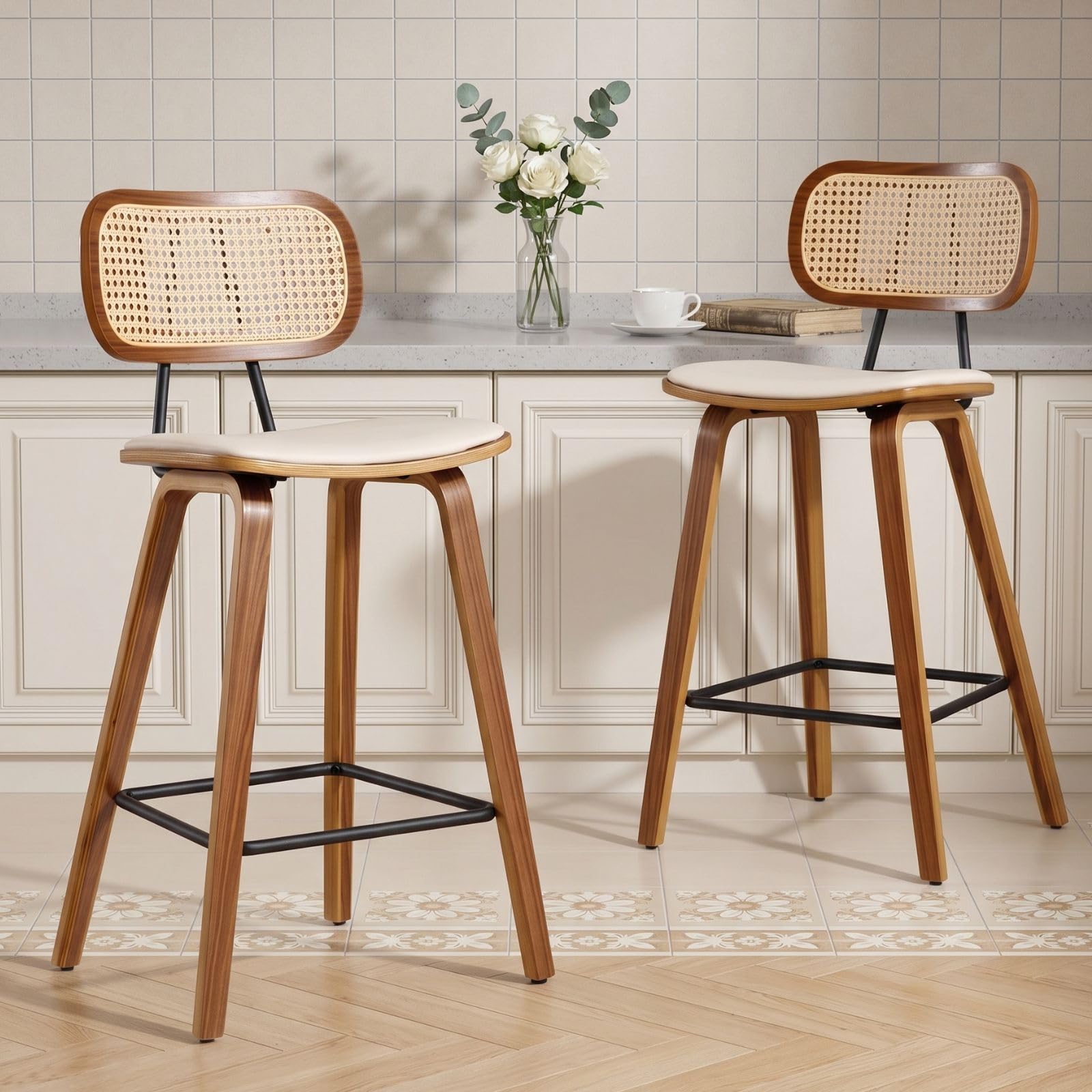 chairus Bar Stools Set of 2 PU Leather Island Bar Chairs Wooden Breakfast Counter Stool for Kitchen with Rattan Backrest (Beige)