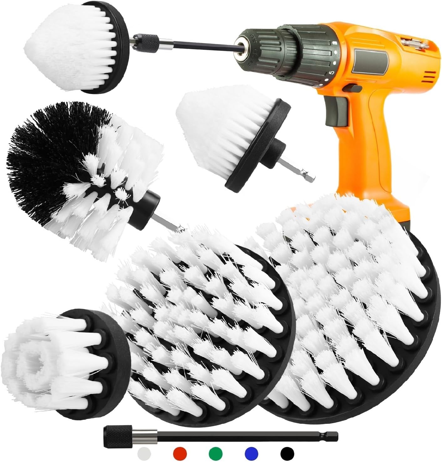 6pcs Drill Brush Attachment Set, 5pcs Scrubber Brushes with 1pcs Extend Long Attachment, Drill Scrub Brush for Cleaning Shower, Tub, Bathroom (White)