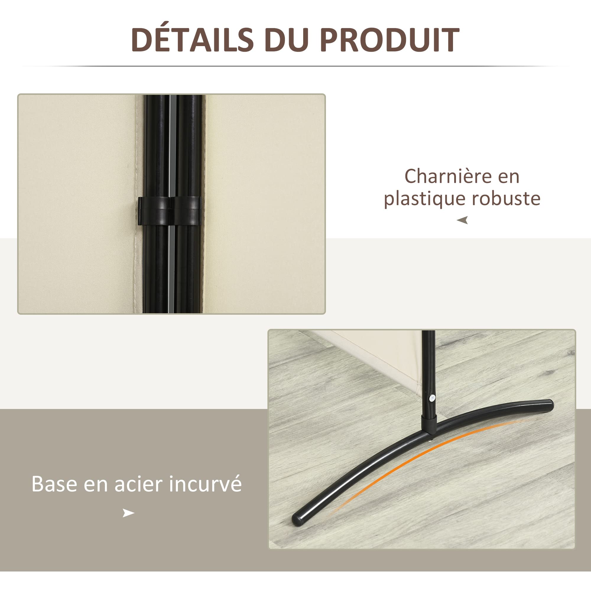 HOMCOM Paravent 3 Panneaux dim. 2,53L x 0,5l x 1,82H m Store latéral Brise-Vue paravent sur Pied séparateur métal Polyester Haute densité Beige