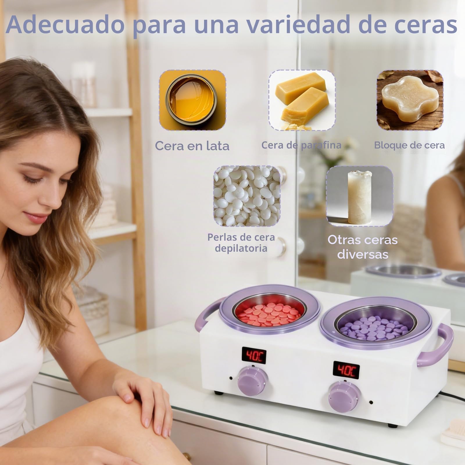 Calentador de cera dual con pantalla electrónica, 2 botes de cera doble de 500 ml, calentador de cera de 220 W para depilación con temperatura ajustable, ideal para el hogar, peluquería, uso en