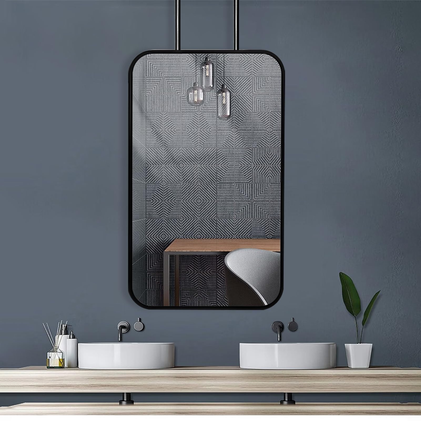 FGXHHS Bathroom Ceiling Mounted Mirror, Black Frame Modern Hanging Mirror for Hallway Hotel Store, Customizable Wall Decor with Metal Rod(50cmx70cm)
