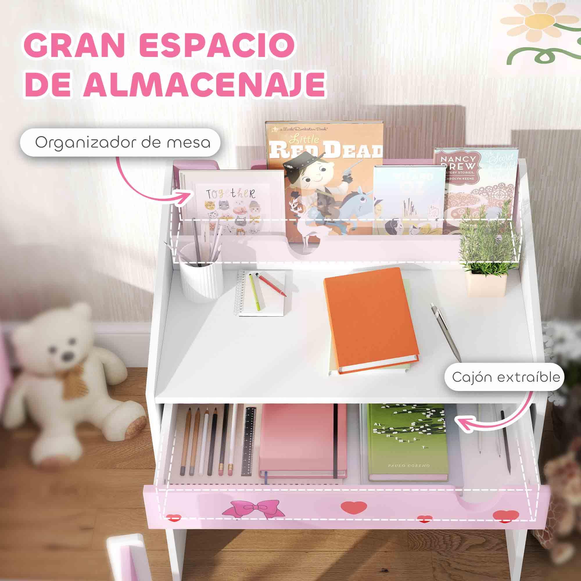 AIYAPLAY Set di scrivania e sedia per bambini +3 anni Scrivania per bambini con cassetto estraibile e scomparto per la camera da letto e la sala studio Rosa e bianco