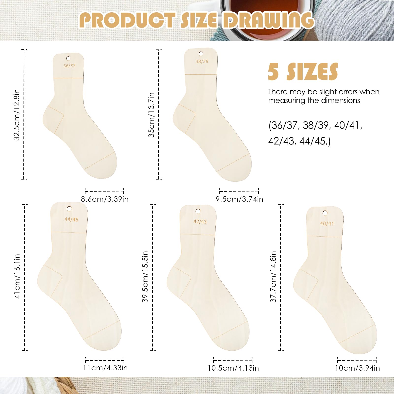 Feirdhoo 5 Stück Sockenbretter, Sockenspanner Sockenbrett Größen 36-45, Sockenschablone mit Größenangabe, Socken Schablone als Strickhilfe zum Stricken und Häkeln von Socken für Erwachsene