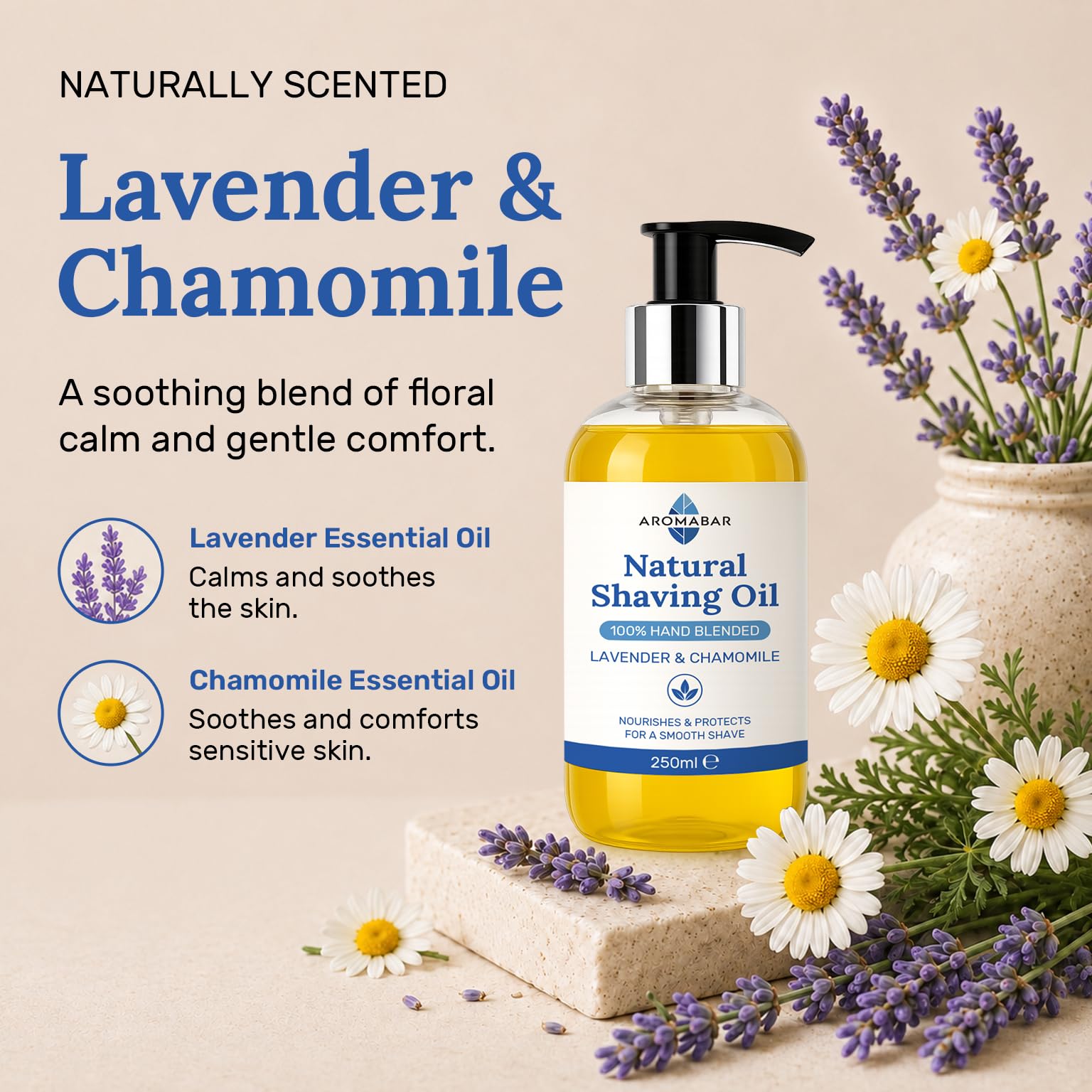 Huile de rasage NATURELLE AVEC LAVANDE & CAMOMILLE 250ml Huile pré rasage 100% pure avec Distributeur pompe ou UTILISATION comme un après rasage hydrater