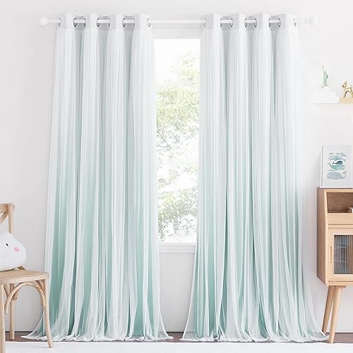 Miniatura 2 de PONY DANCE Cortinas de dormitorio de 84 pulgadas de largo, paneles degradados de doble capa con superposición transparente blanca, decoración de