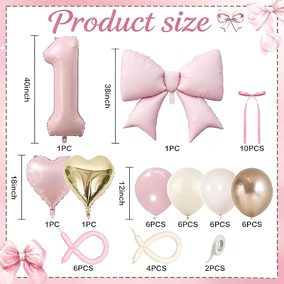 1st Birthday Home Party Backdrop Decor Kit – 50Pcs Blush Gold & White Balloon Set with Number 1 Foil Balloon, Bow & Heart Balloons for Girl's 1st Birthday Home Celebration & Photo Props
