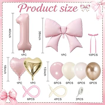 1st Birthday Home Party Backdrop Decor Kit – 50Pcs Blush Gold & White Balloon Set with Number 1 Foil Balloon, Bow & Heart Balloons for Girl's 1st Birthday Home Celebration & Photo Props