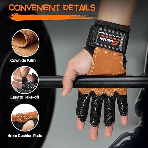 Miniatura 4 de SueStar Guantes de entrenamiento, guantes acolchados de cuero vacuno de alta resistencia con soporte para la muñeca, protección completa de la palma
