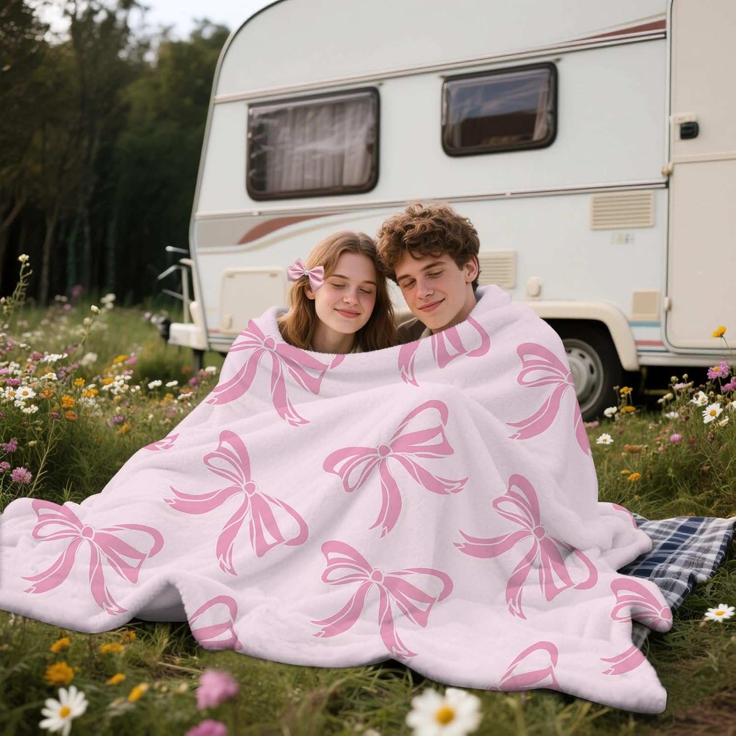 yuboo Pink Bow Throw Blanket, Easter Spring Gifts for Girls Women Teens, Soft Flannel Bow Blanket, Cute Pink Bow Bedding for Coquette Girly Preppy Spring Gift Decor, 50 x 60 Inch - Image 4