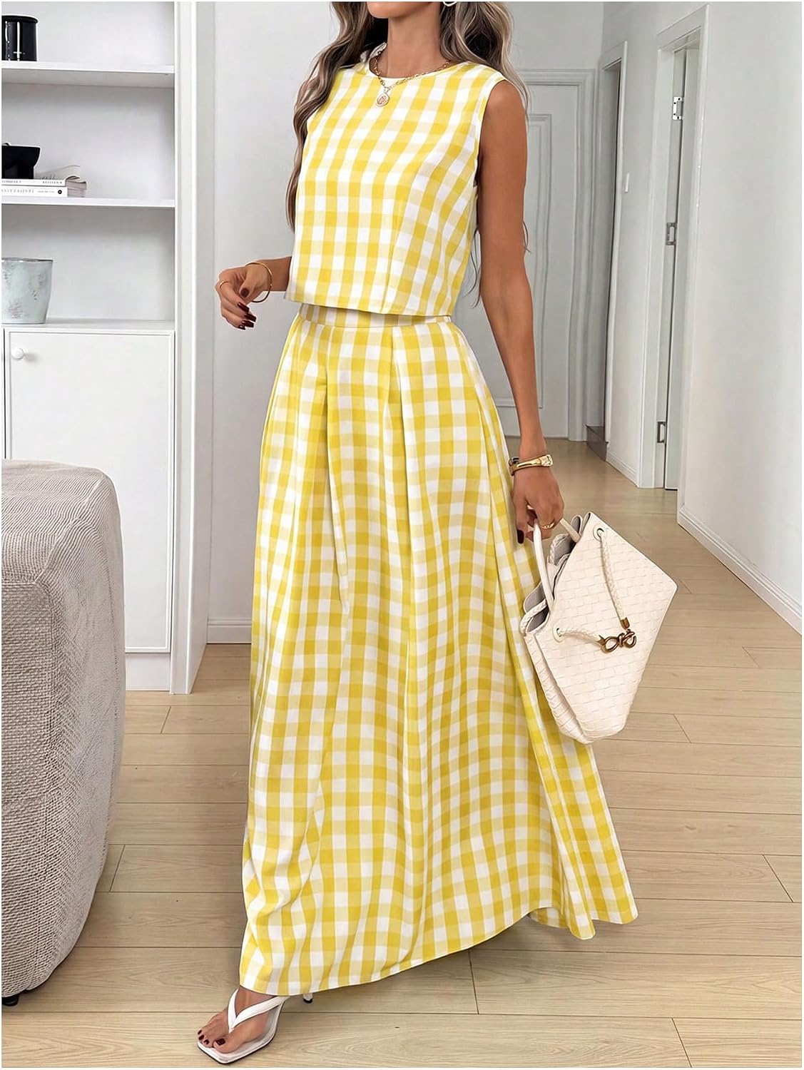 SHENHE Women's 2 Piece Outfits Gingham Sleeveless Crop Top and A Line Maxi Skirt Set Going Out