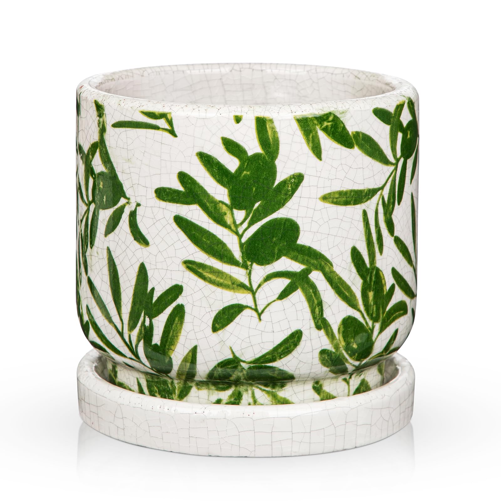 Oairse 13.5cm Ceramic Plant Pot with Drainage Hole & Saucer, Green and White Ceramic Planters Decorative Indoor Flower Pot for Home, Office & Garden Outdoor Decor