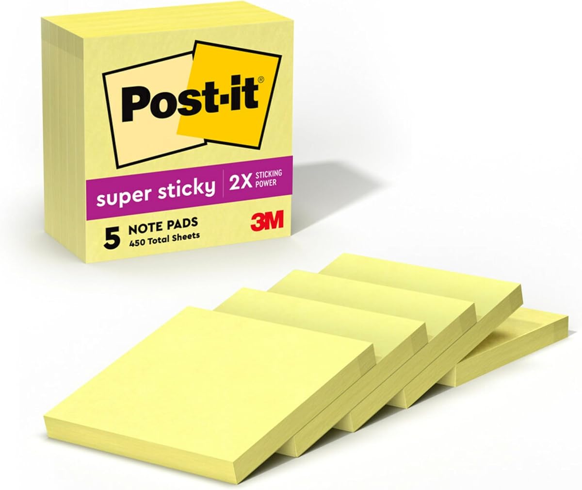 Post-it Super Sticky Notes, 3 x 3 in, Canary Yellow, 5 Pads, 90 Sheets/Pad | School Supplies and Oﬃce Supplies, 2X the Sticking Power