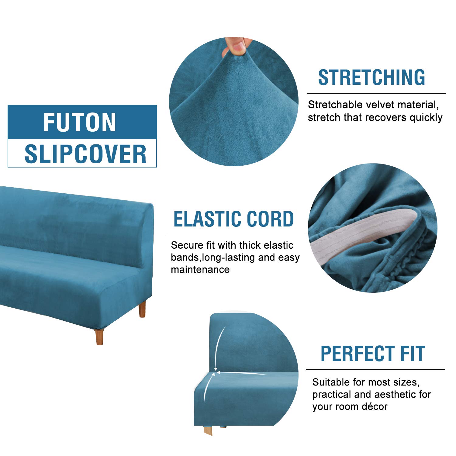 Real Velvet Futon Cover Armless Sofa Covers Sofa Bed Covers Stretch Futon Couch Cover Sofa Slipcover Furniture Protector Feature Thick Soft Cozy Velvet Fabric Form Fitted Stay In Place, Peacock Blue