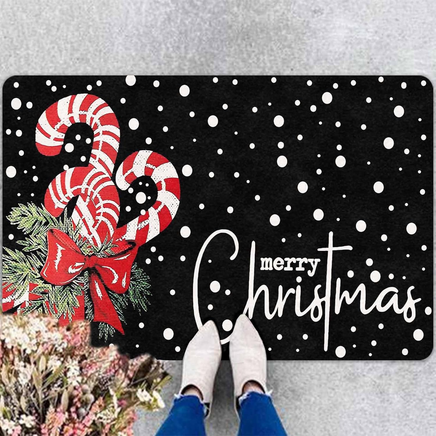 Christmas Door Mat Entrance Decoration Christmas Candy Cane Welcome Mat Black Door Front Porch Rug for Outside Front Porch Entryway Decor, 18" x 30"Inch Christmas Candy Cane 30"x18"inch
