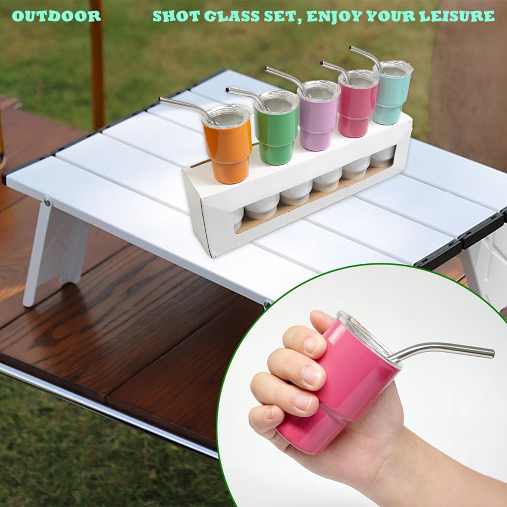 Mini Shot Glasses Set 12x Double-Walled Steel 3oz Lids & Straws