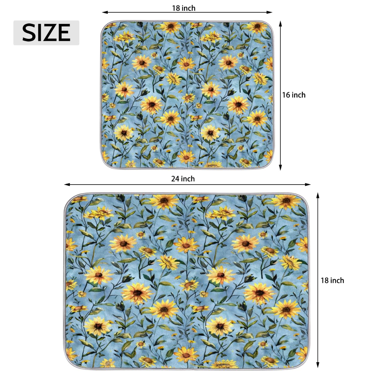 Hexteria Sunflower Large Dish Drying Mats for Kitchen Counter, Quick Dry Dish Mat 18 x 24 Inches, Dishes Draining Mats Foldable Dish Rack Pad, Sunflower
