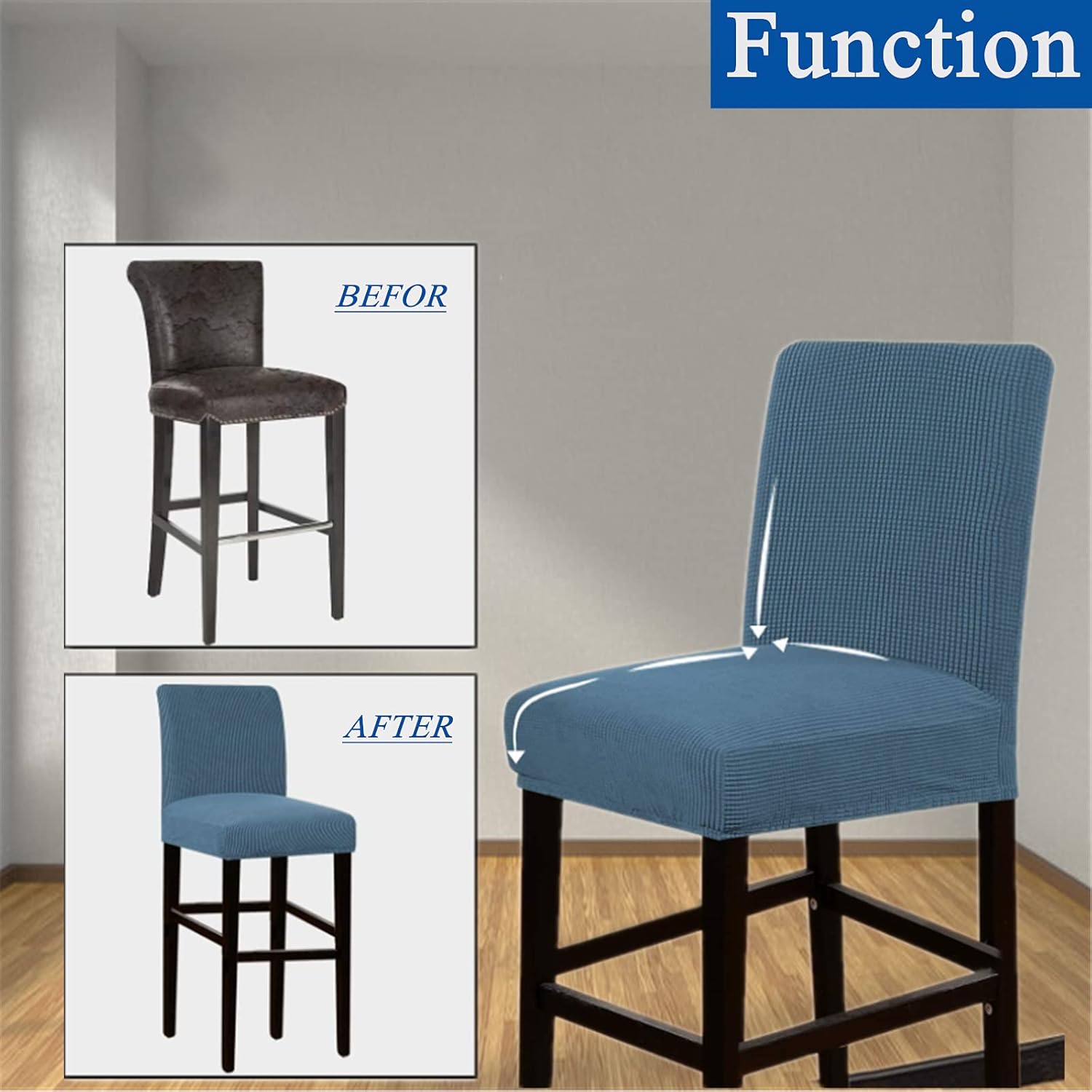 Stretch Bar Stool Covers – Set of 2 Elastic Slipcovers for Counter Stools, Pub Chairs & Dining Room Seats – Jacquard Fabric, Removable Washable Seat Covers (Dusty Blue, 2)