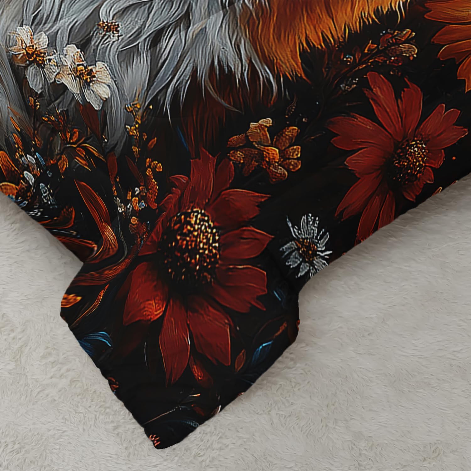 AILONEN 3D Cute Fox Comforter Set for Bedroom Decor,Kawaii Fox with Yellow Flowers Bedding Set Queen Size,Lovely Wild Animal Duvet Set for Kids Girls,1 Quilt 2 Pillowcases,3-Piece