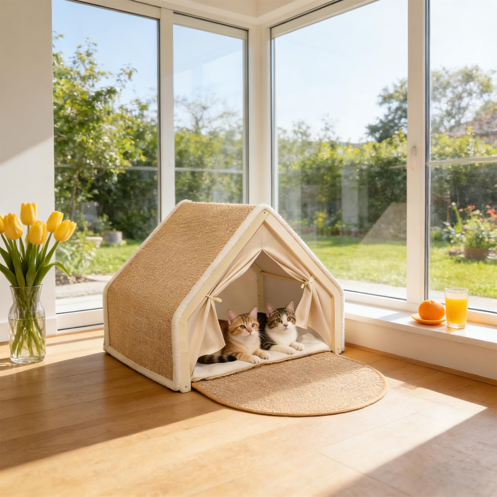 Katzenhaus Katzenzelt, 2-in-1 Holz Katzenzelt Kratzbrett, Katzenhöhle mit Sisal-Kratzbrett für Katzen Rückzugsort