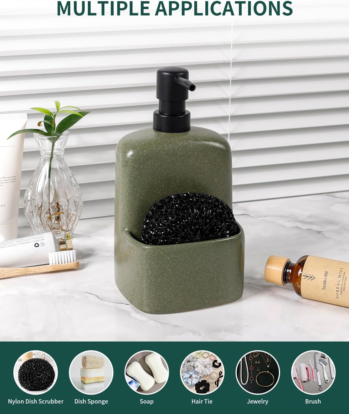 BosilunLife Dish Soap Dispenser - Matte Green Ceramic Kitchen Soap Dispenser with Sponge Holder Matte Ceramic Soap Daddy Dispenser 20oz for Kitchen Soap Pump and Sponges Caddy