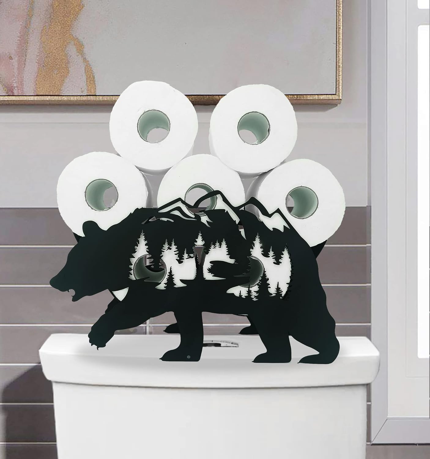 Metal Bear Paper Holders,Funny Black Animals Paper Storage Holders Stand for Indoor Bathrooms Kitchen,Novelty FreeStanding Toilet Rolls Storage Fit 8 Rolls,Practical and Convenient