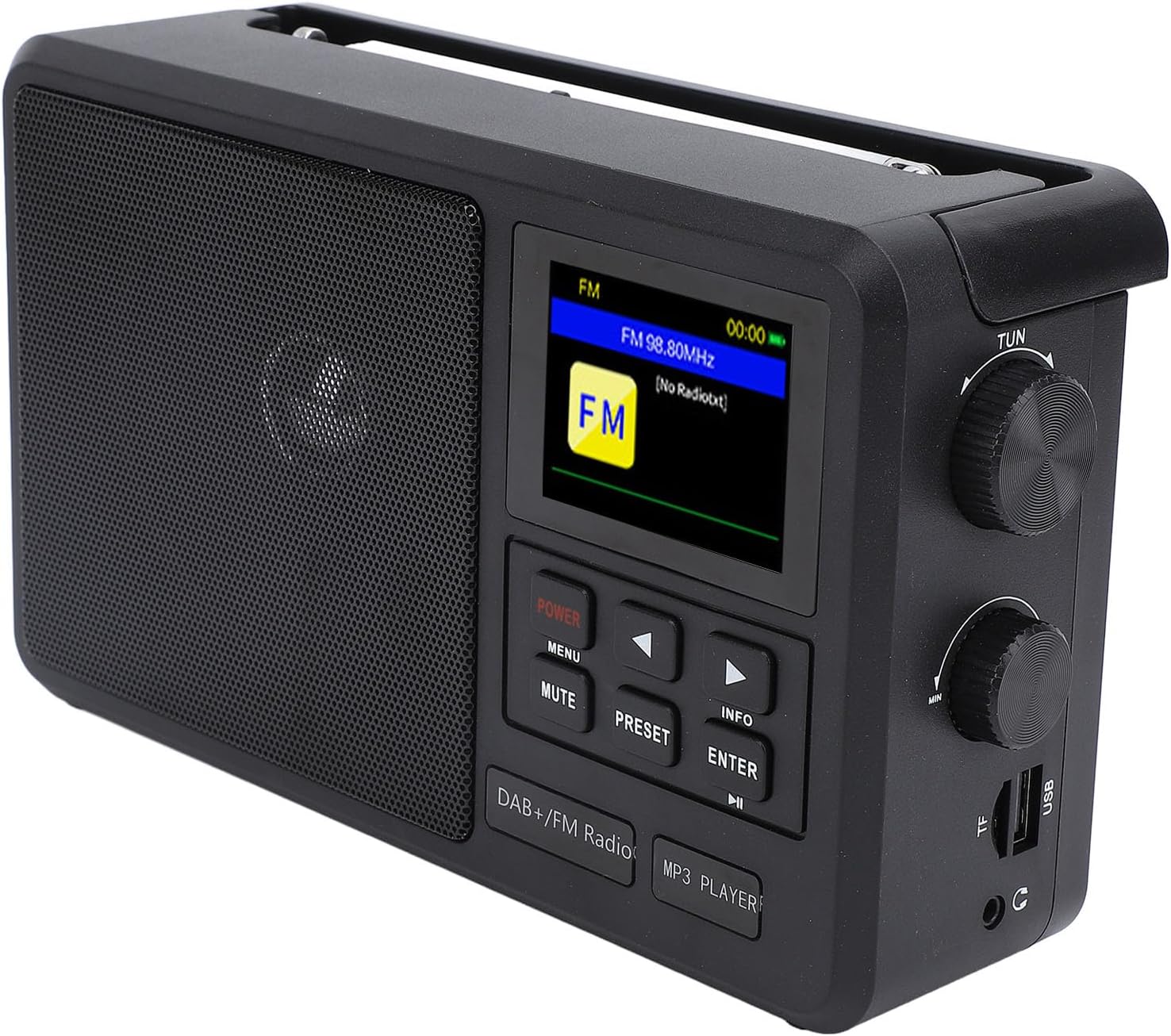 Front view of the FOSA Portable FM Radio, showing the display, control buttons, and tuning knobs.