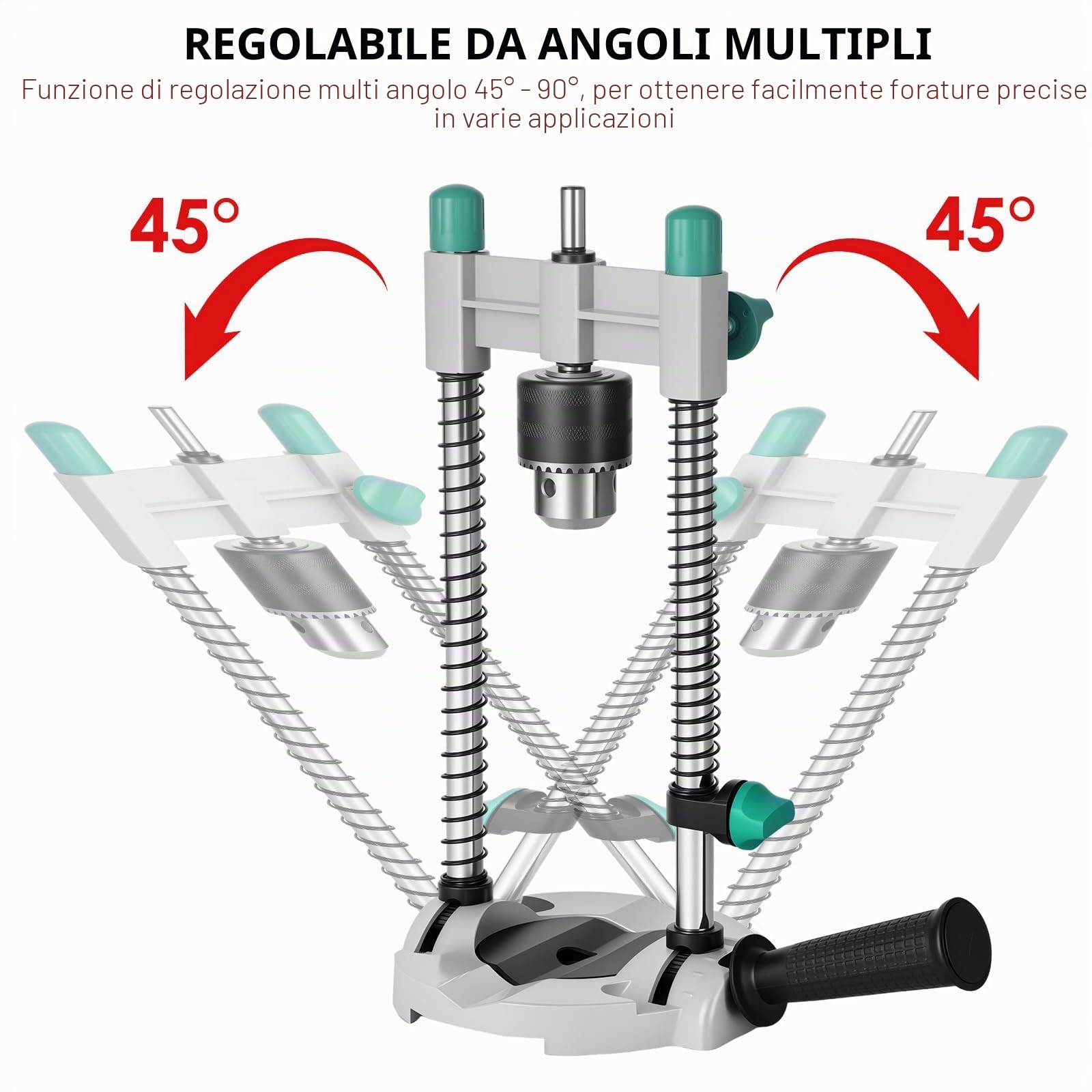 Supporto per trapano, 15 x 6,5 x 29 cm, supporto per trapano portatile con mandrino multiangolo, 45 – 90 gradi, regolazione multiangolo, punta per fori per la lavorazione del legno