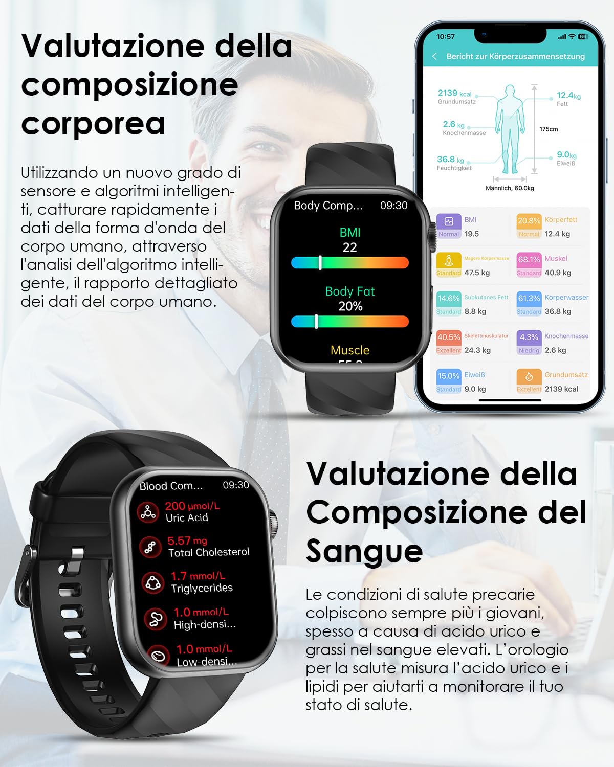 Lgnitek Smartwatch con ECG/𝐆li𝐜𝐞m𝐢𝐚/BMI/Acido Urico/Lipidi/HRV, 1,97" AMOLED Orologio Saluta con Funzione Telefono, 24H Pressione Sanguigna/Sonno/SPO2/Cardiofrequenzimetro, IP68 iOS Android