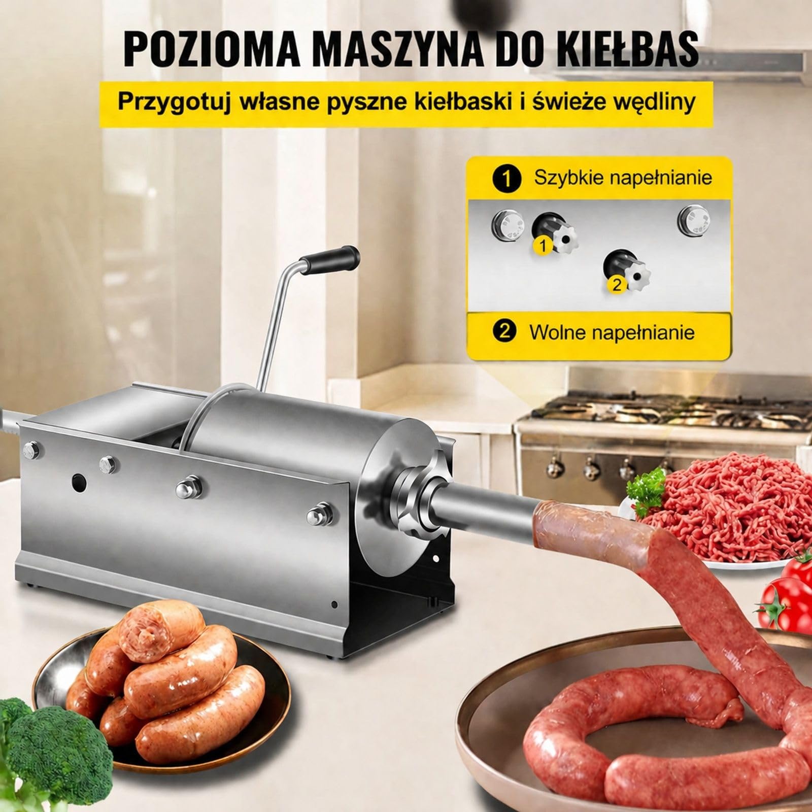 Ręczna pozioma nadziewarka do kiełbas 3 l ze stali nierdzewnej z 5 lejkami do kuchni