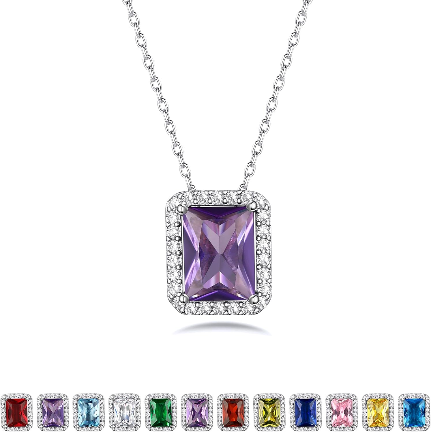 Bestyle Sparkling 925 Sterling Silver Birthstone Necklaces for Women, Created Heart/Round/Teardrop/Square Crystal Solitaire Pendant Diamond Necklace, Great Birthday/Anniversary/Wedding Gifts