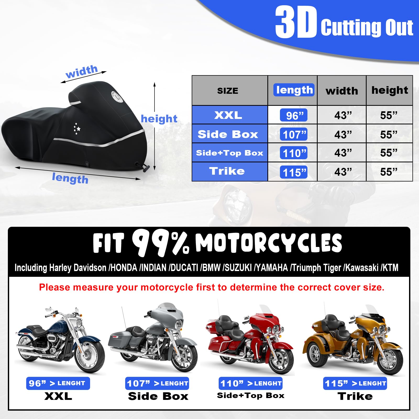 Funda para Moto 420D Heavy Duty All Season, Universal, Impermeable, protección para Exteriores, 96 Pulgadas, XXL, Color Negro