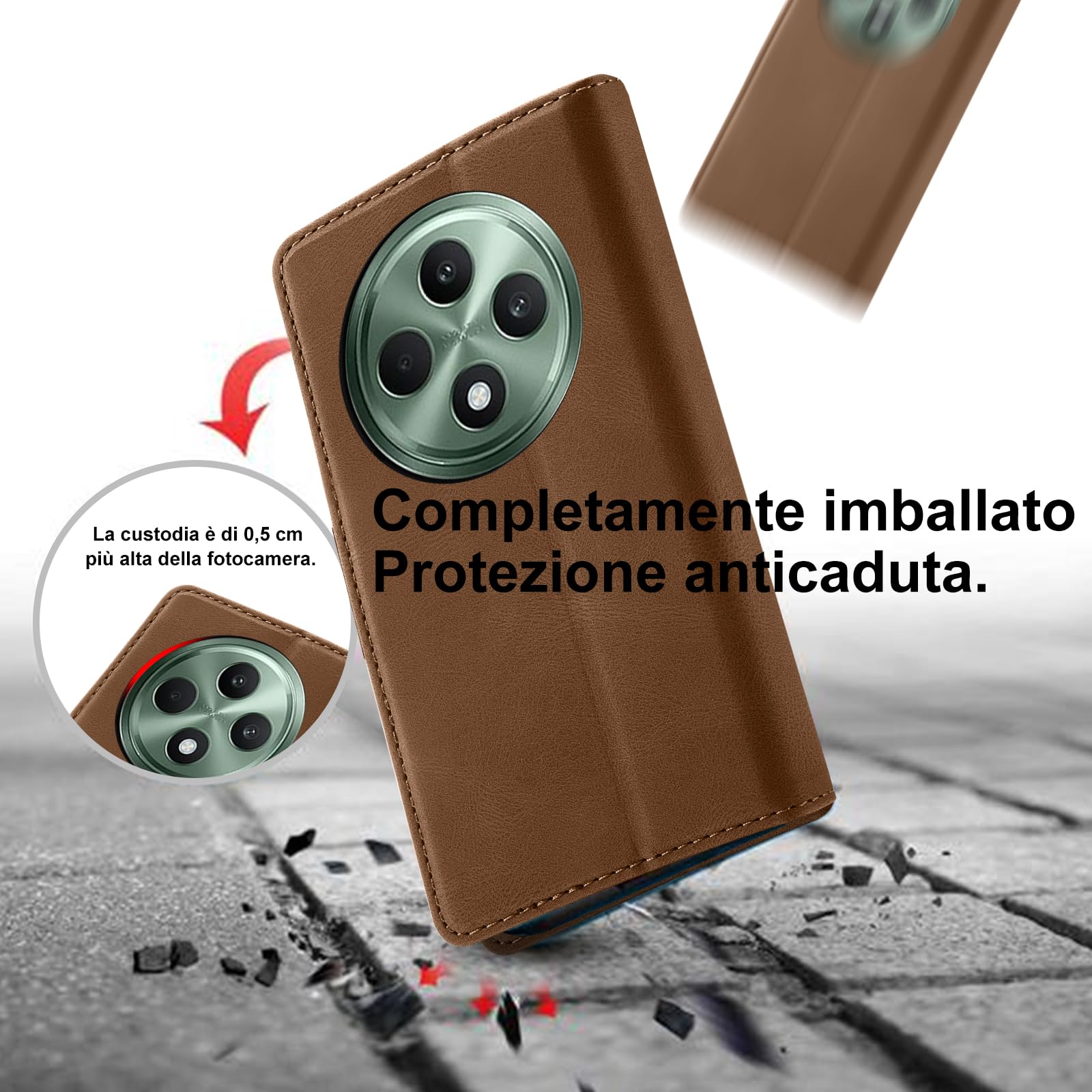 Giyer Cover per OPPO Reno12 FS/F 5G Custodia con Vetro Temperato, Premium Pelle PU Portafoglio Slot per Scheda RFID Antifurto Funzione Supporto Flip Case, Antiurto per OPPO Reno12 FS Cover (Marrone)