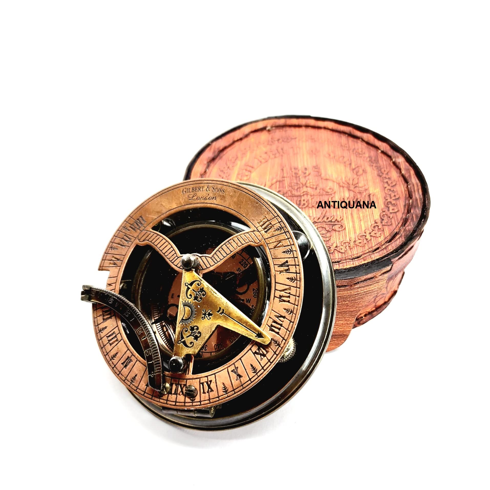 Reloj de sol de latón antiguo con brújula marina de regalo en caja de regalo náutico marino reloj de sol réplica de barco pirata