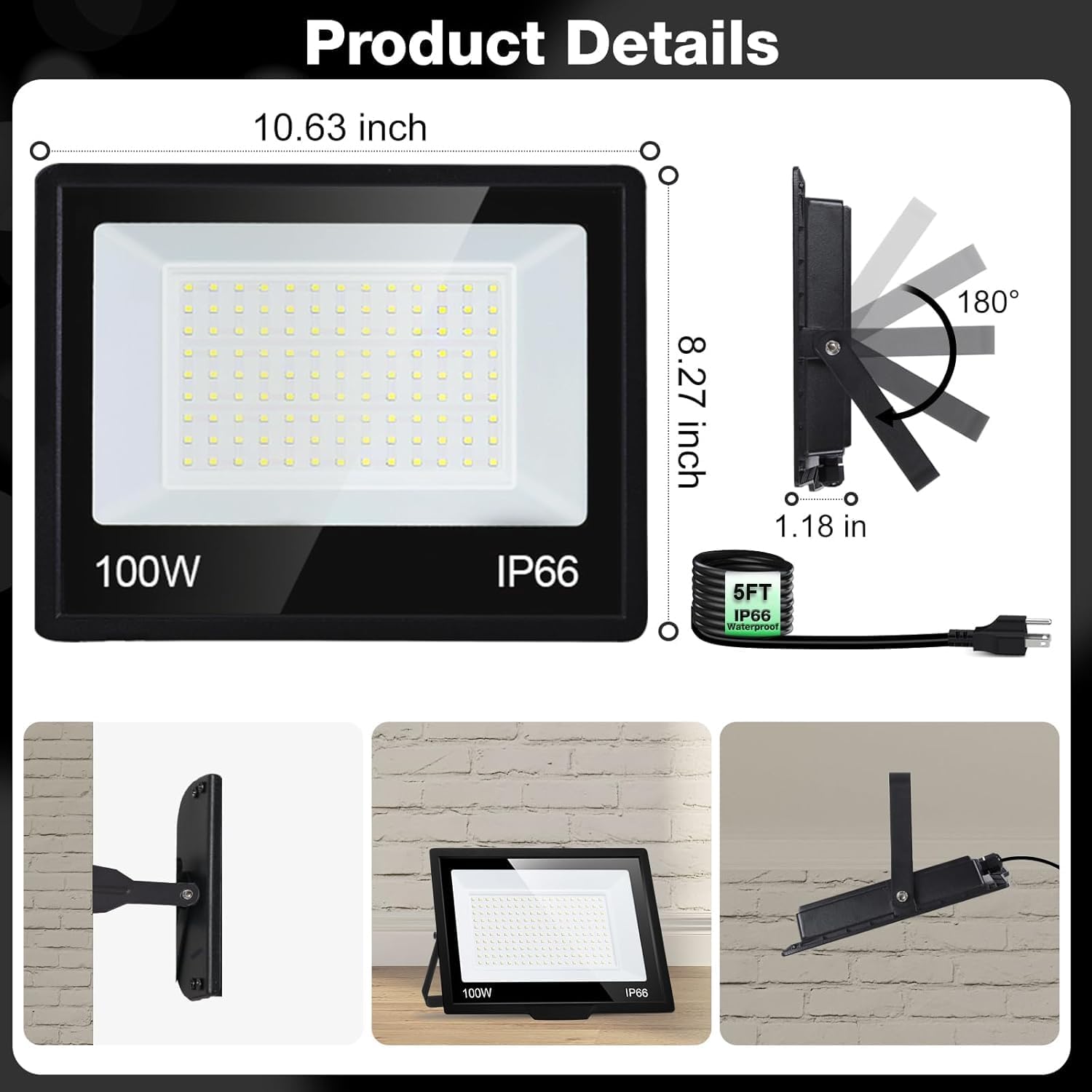 4 Pack 100W LED Flood Light Outdoor with Plug, IP66 Waterproof Exterior Security Floolights, 12000LM Super Bright LED Work Light 5000K Daylight White Floodlights for Yard, Stadium, Patio, Playground