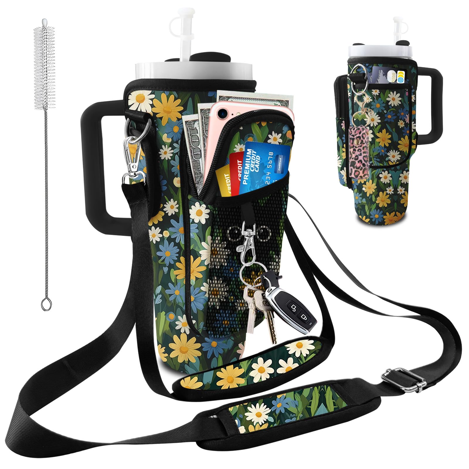 bolimoss Stanley Cup Bag, Black Cat Stanley Cup Accessories Holder with Phone Pockets & Adjustable Straps, Daisy Neoprene Portable Pouch Bag Fits 40oz Tumbler for Hiking Travelling