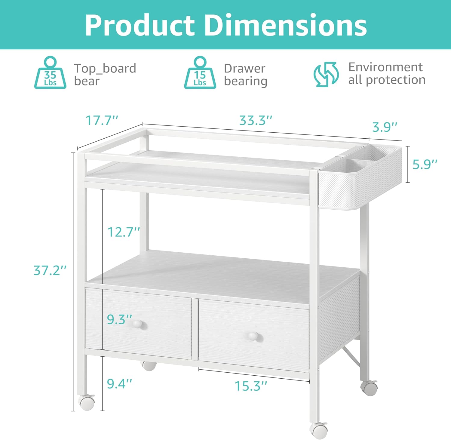 BOLUO Baby Changing Table with Storage, White Baby Dresser with Changing Table Top, Diaper Changing Station with 2 Fabric Drawers for Nursery Modern