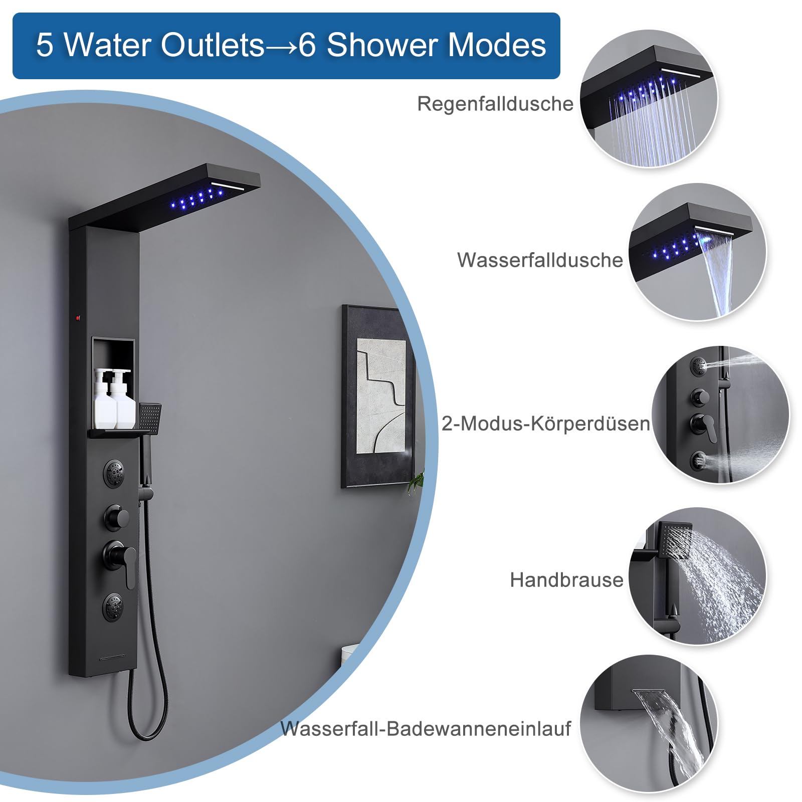 Panneau de douche LED avec robinet et étagère, noir, colonne de douche 6 fonctions, douche pluie et cascade, buse de massage 2 modes, douchette à main et bec de baignoire cascade, acier