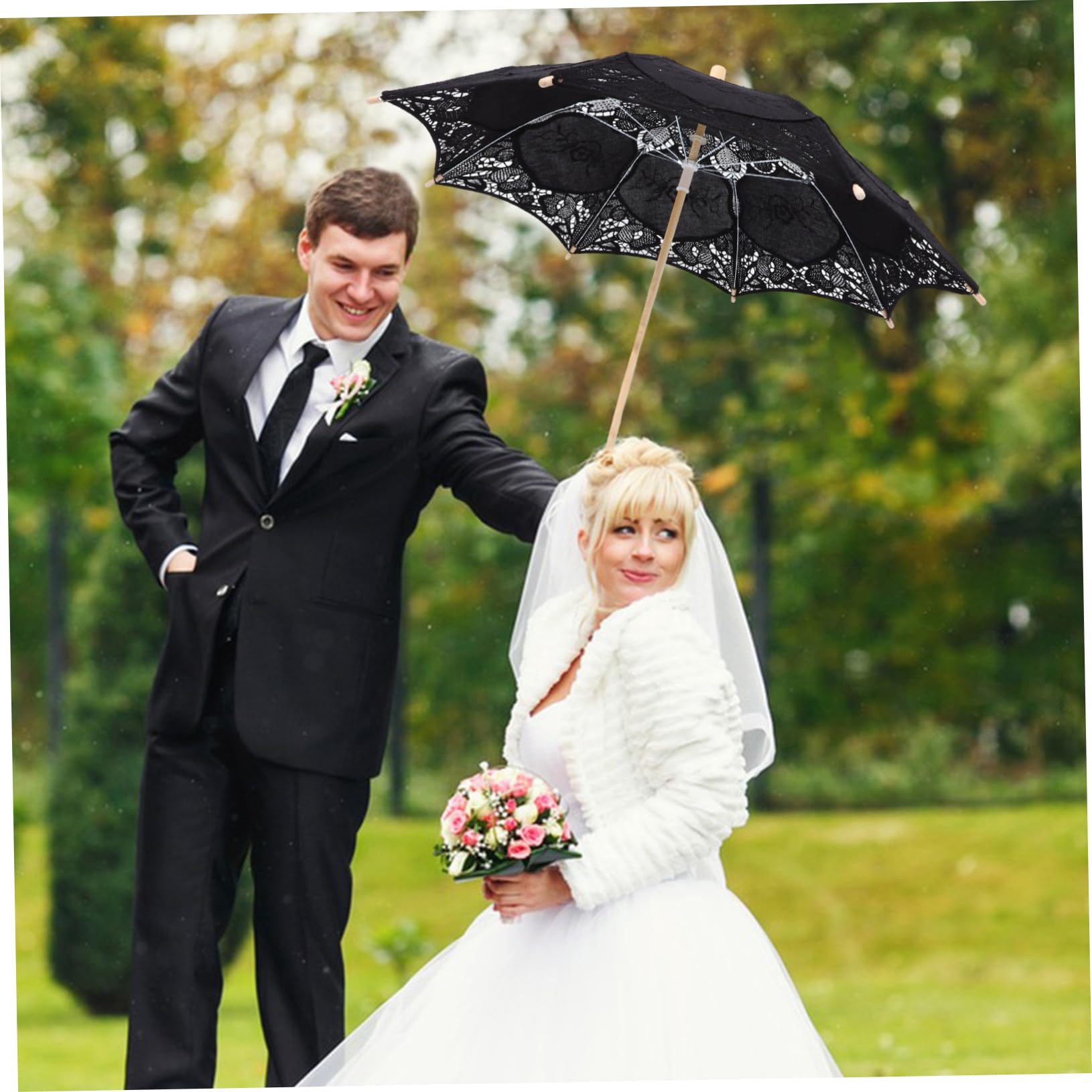 Yardwe Hochzeitsschirm Brautschirm mit Spitze und Lace für Fotografie | Schwarz, Zarte Elegante Optik, für Kinder Tanz und Teeparty, Dekorative Requisite