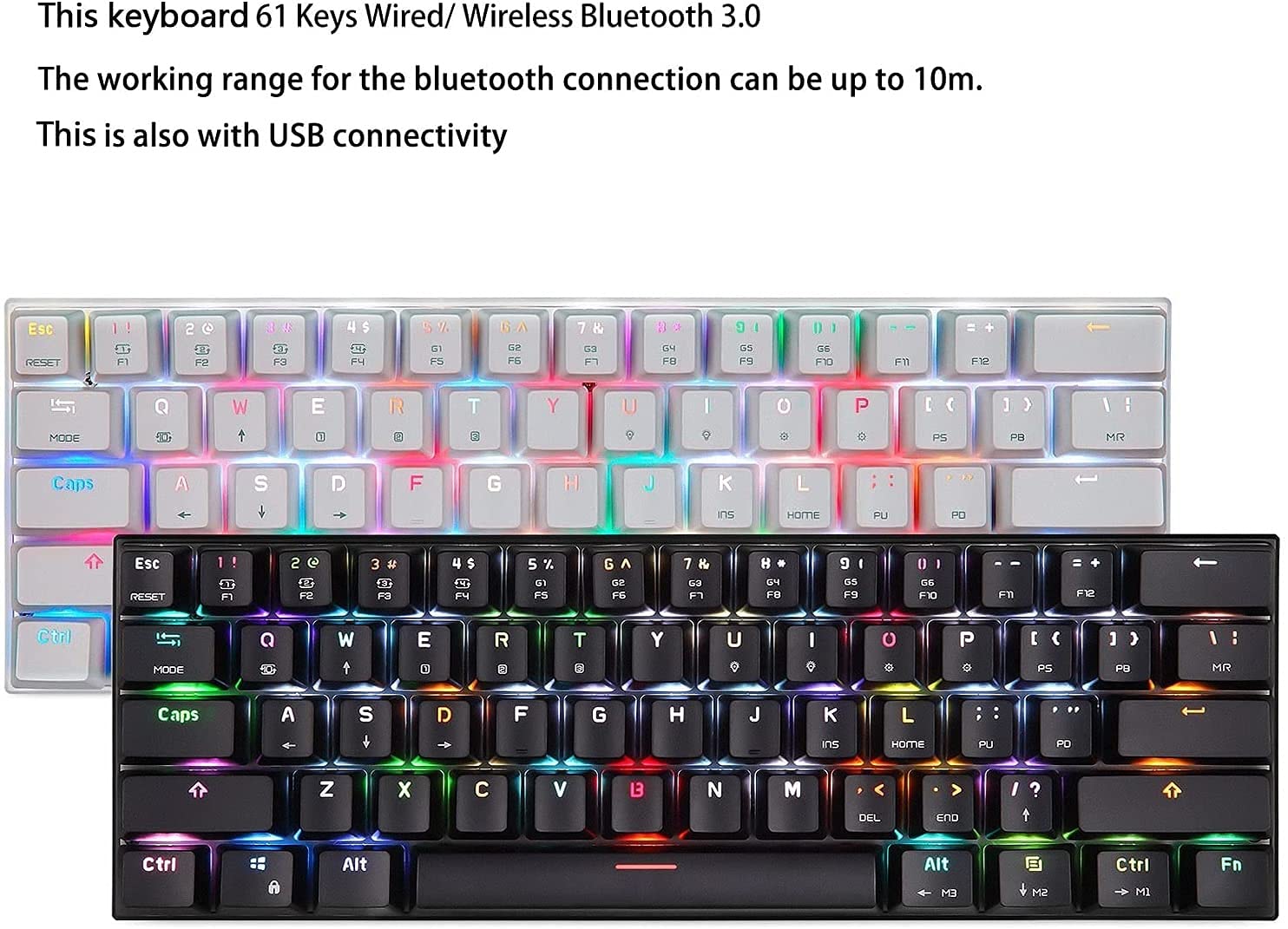 Tastiera Meccanica, modalità Doppia cablata e Wireless e Wireless Bluetooth, Tastiera da Gioco RGB. Tastiera cablata Arcobaleno retroilluminato per Windows Gaming PC, 61. Chiavi