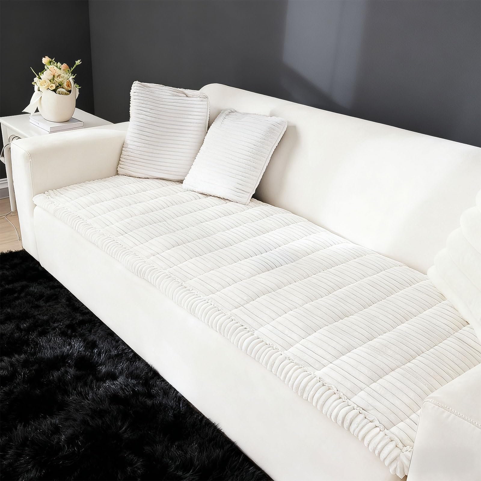 XJGQZ White Corduroy Sofa Cushion Pad, 70x150cm Non-Slip Couch Seat Mat | Washable Furniture Protector; Pet Dog Friendly; Thick Universal Settee Liner
