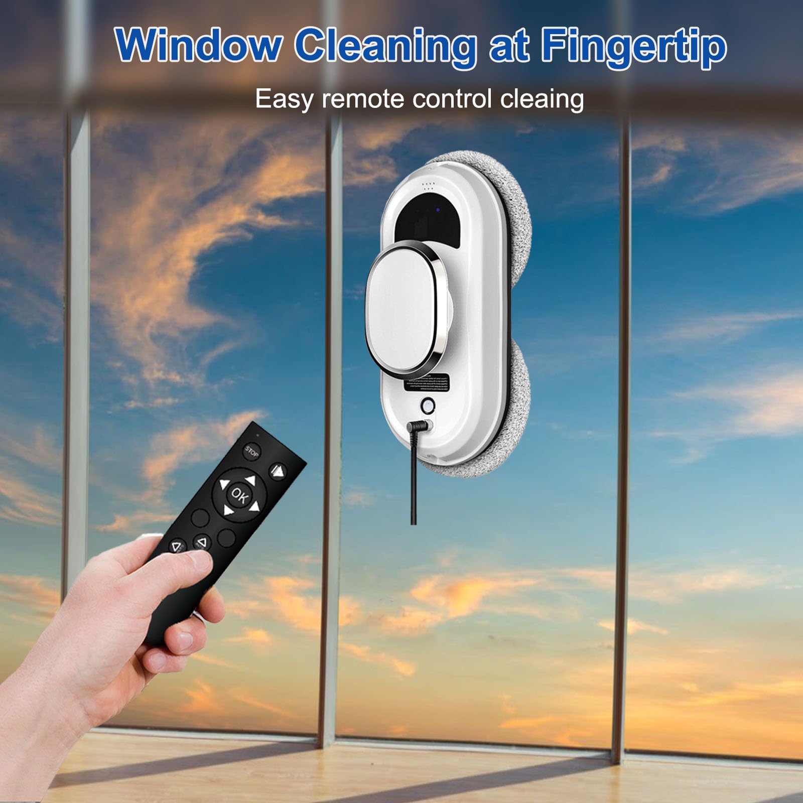 Robot de limpieza de ventanas, automático, 5600 Pa, 3 modos de limpieza, control remoto, 2 8 paños de repuesto preinstalados, doble protección de seguridad