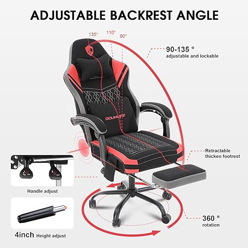 Vista 8 de Silla para videojuegos, silla de computadora de tela Tech con masaje, silla de oficina con cojín ensanchado de resorte, silla ergonómica de respaldo