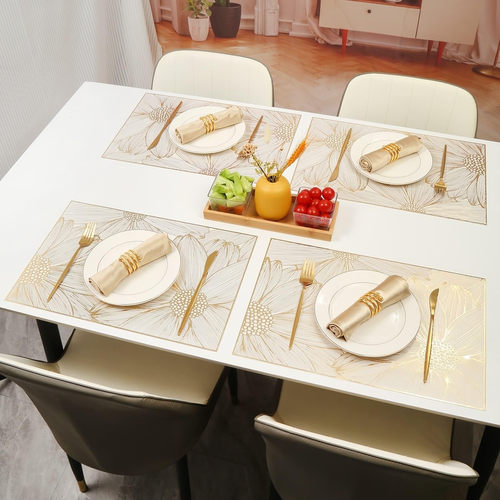 Placemat Juego de 10 salvamanteles dorados con estructura floral 30 x 45 cm para cocina y comedor