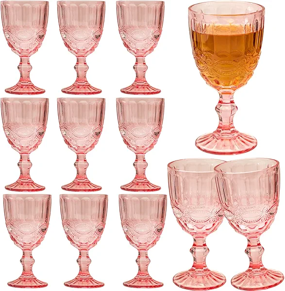 12 Pcs Vintage Wine Glasses, 10 Ounces Colored Glass Water Goblets, Unique Embossed Pattern High Clear Stemmed Glassware Wedding Party Bar Glass Drinking Cups, Floral Pink Glasses Set of 12