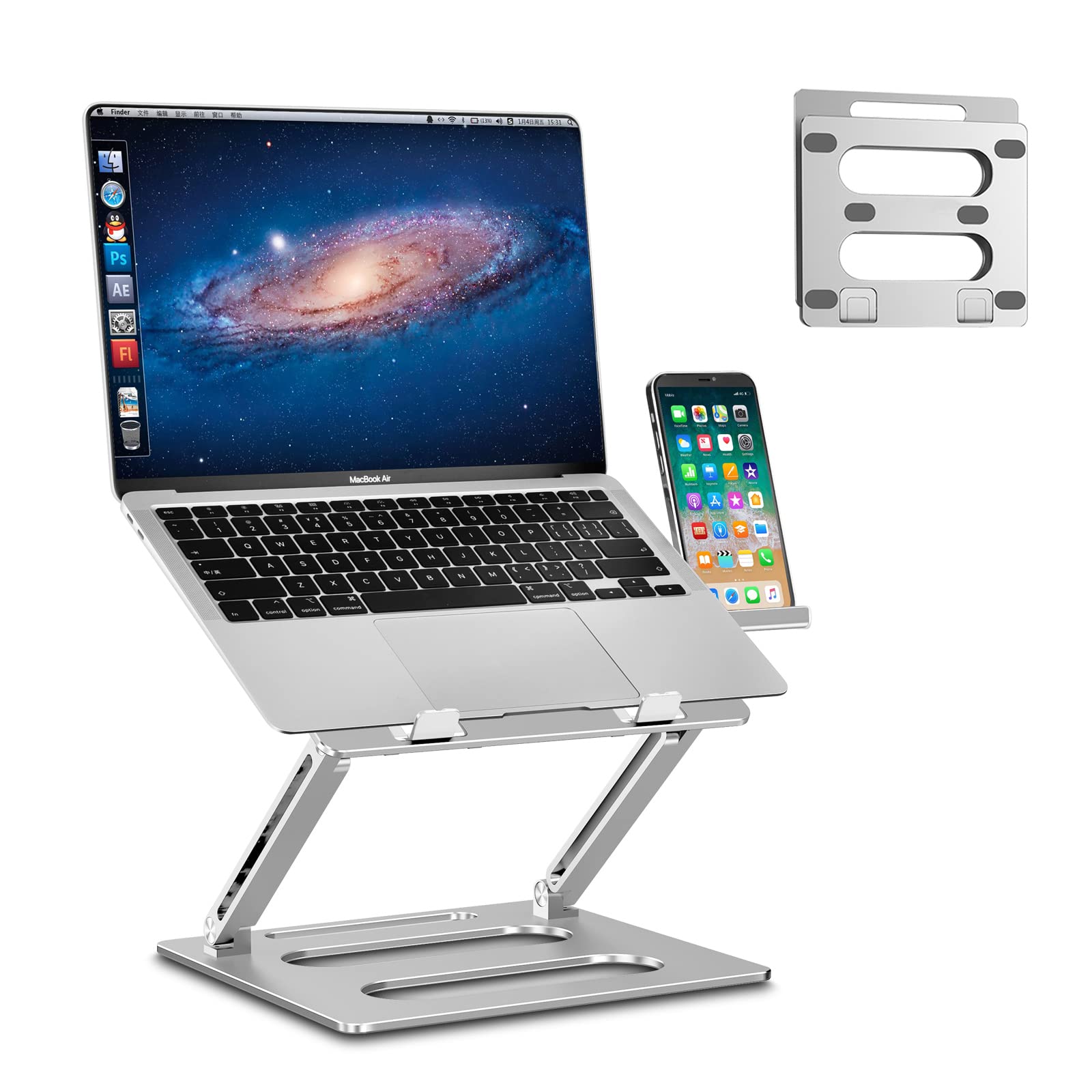 xuenair Laptop Stand for Desk Adjustable Height, Foldable Aluminum Computer Laptop Stand with Phone Holder for MacBook Apple Mac Pro Air Dell Hp Gaming and More Laptops Up to 17 inch-Sliver