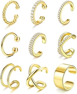9 Pcs Ear Cuff Adjustable Ear Cuff Earrings for Women 18K Gold Non Piercing Earring Cuffs Clip On Cartilage Helix Ear Cartilage Wrap Earrings Fake Earrings Set