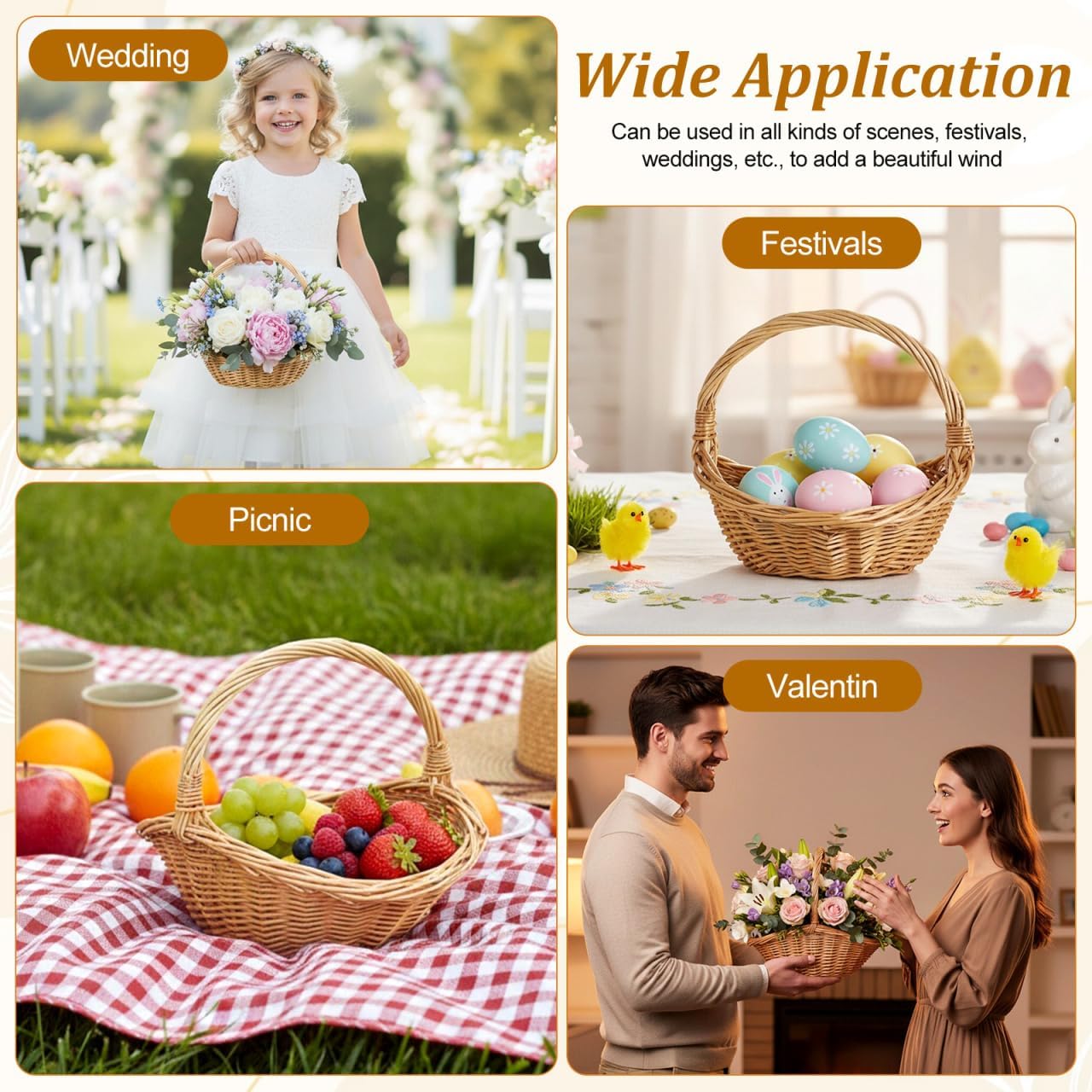 Kisangel Wicker Picnic Basket with Handle, 8.66 x 7.07 x 7.87in Wicker Flower Basket Small Storage for Weddings, Garden Home Fruits Vegetable Decor