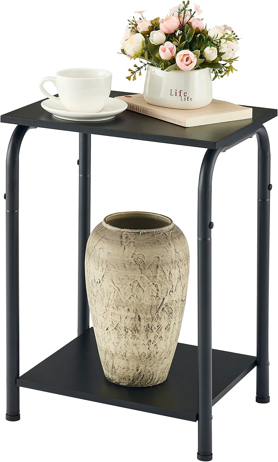 Tajsoon Small End Table with 2 Tier Storage Shelves, Small